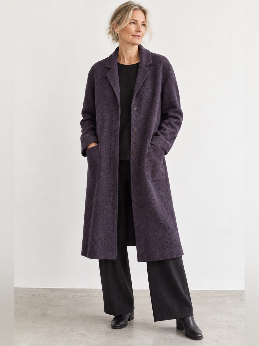 Eileen Fisher 100% Wool Long Cardigan Coatigan Jacket Purple Size M